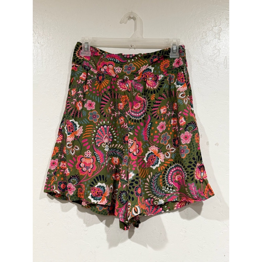 Boden Floral Paisley High Rise Shorts Green Pink Viscose US 6 UK 10 Boho Summer - Picture 2 of 7